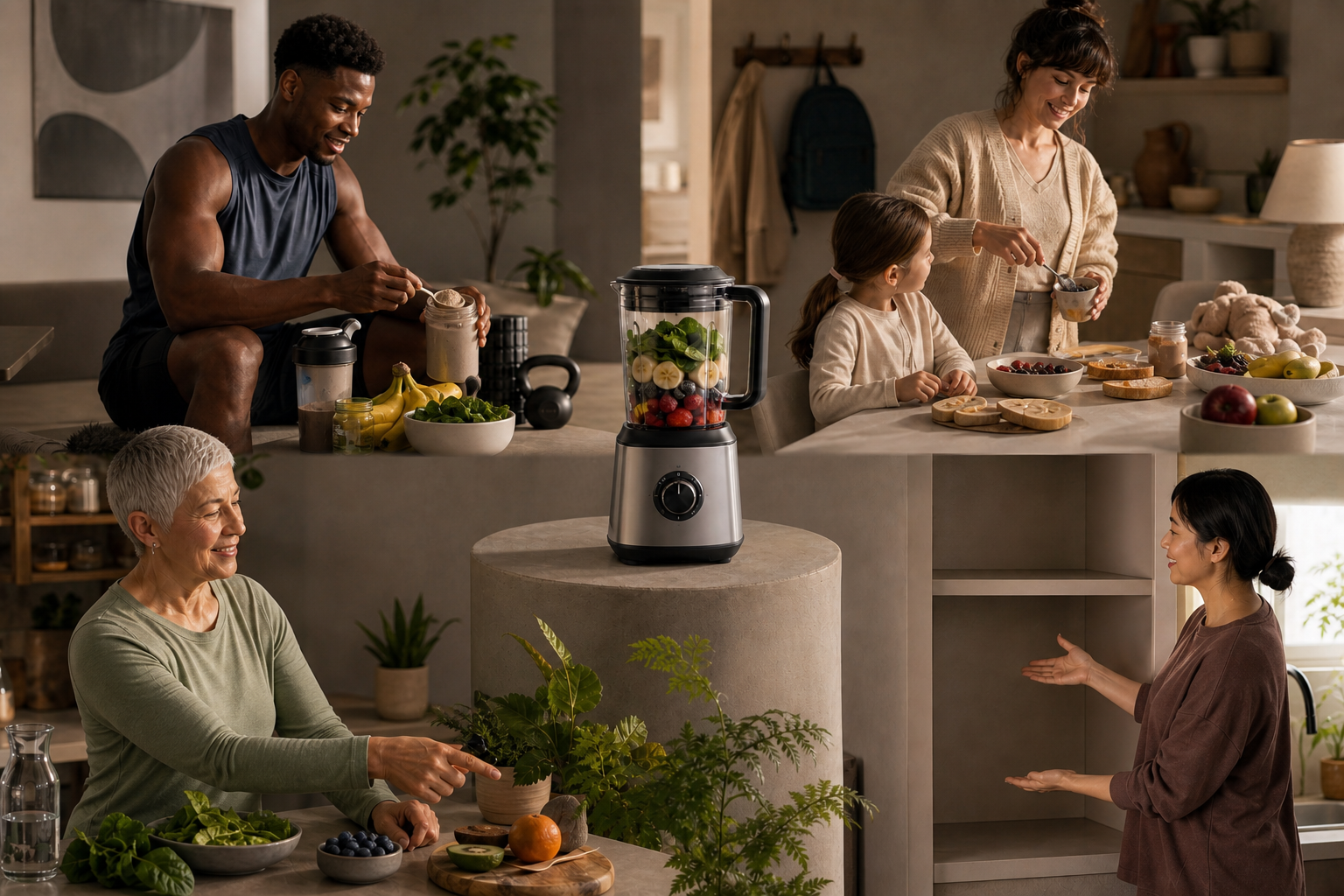 Five people use the same compact blender in scenes emphasizing performance, convenience, simplicity, freshness, and space saving.