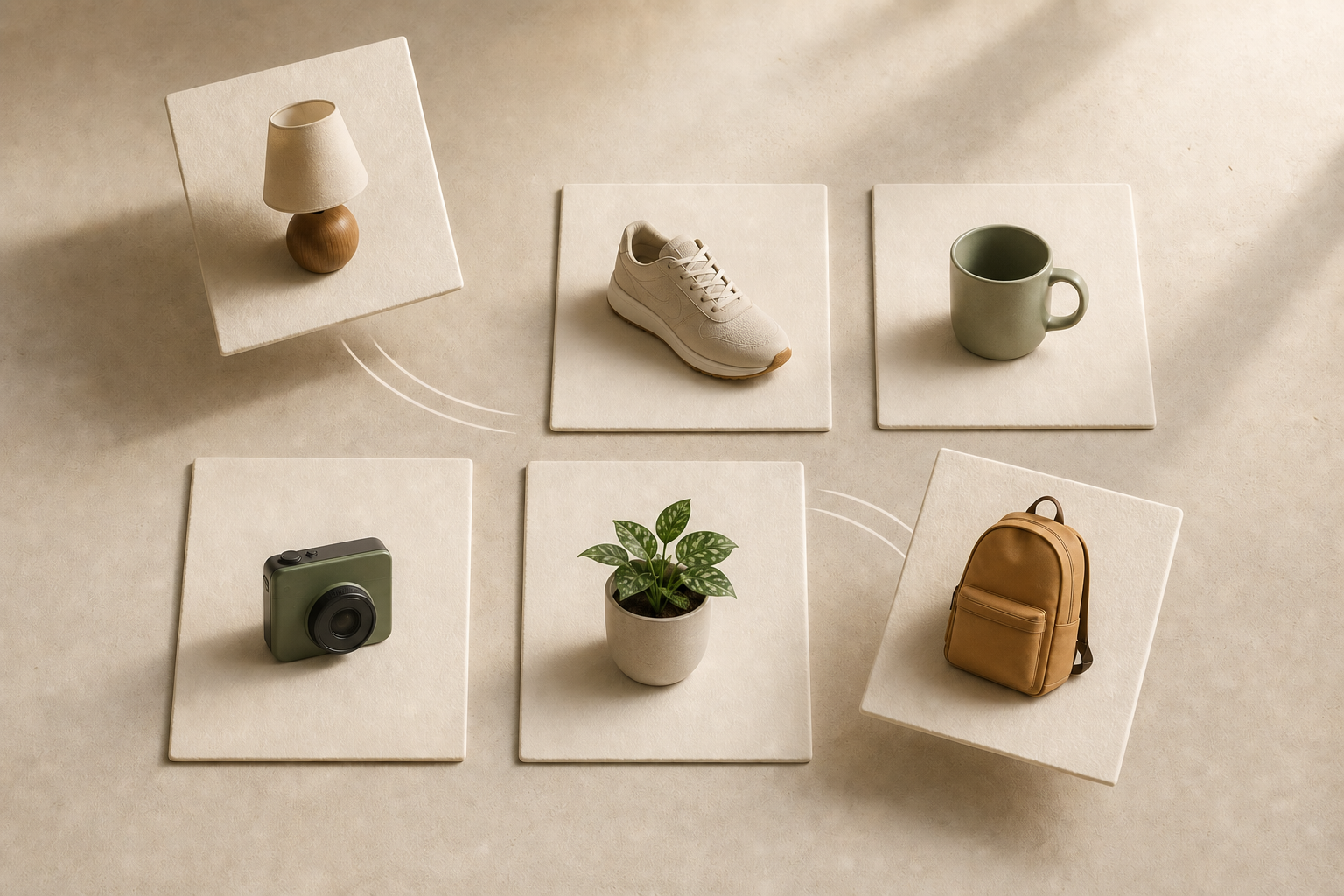 Six blank recommendation cards with different generic objects are arranged as movable tiles, with two cards shown swapping positions.
