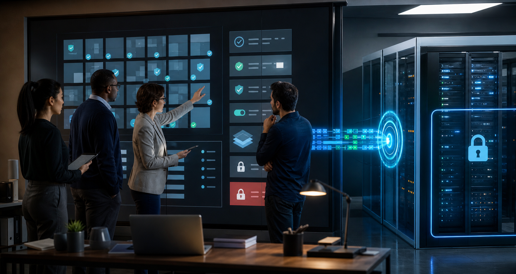 A legal, content, and technical team monitors a controlled data transfer into a locked server enclosure in a secure data room.