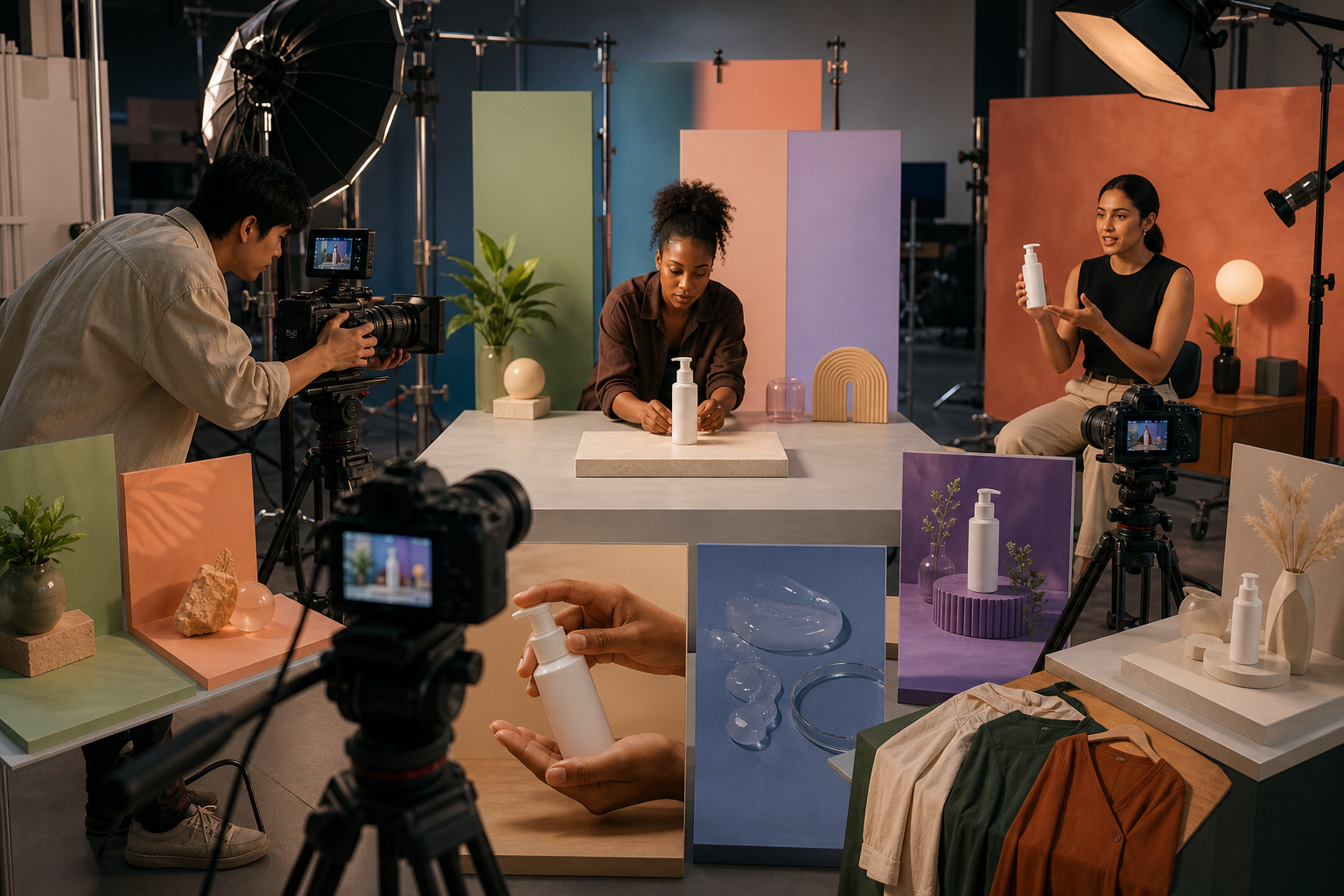 A small production crew films an unbranded skincare bottle using interchangeable sets, presenters, props, and camera angles.