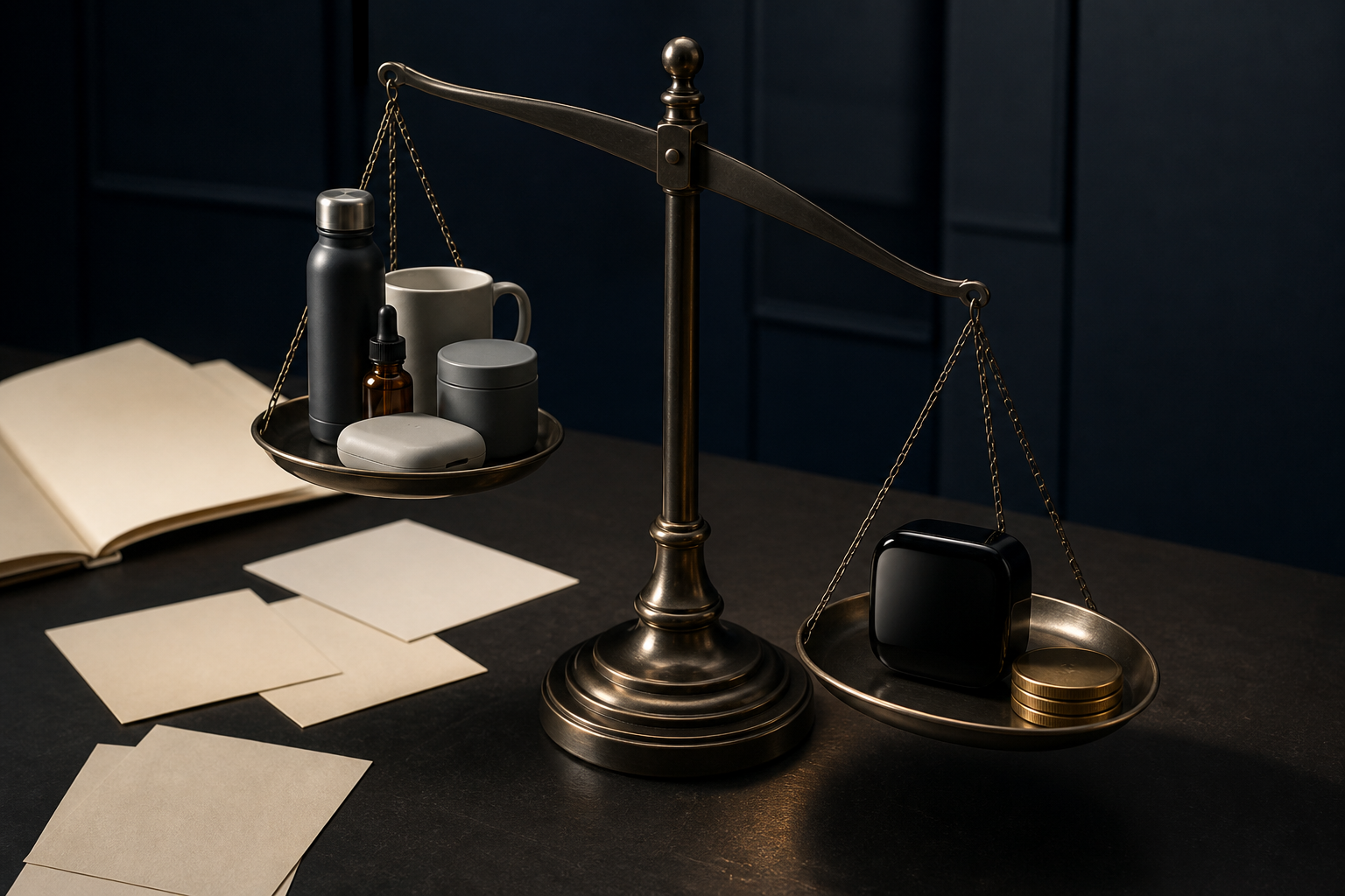 A balance scale tips toward a glossy generic product and unmarked coins while several other products sit on the raised side.