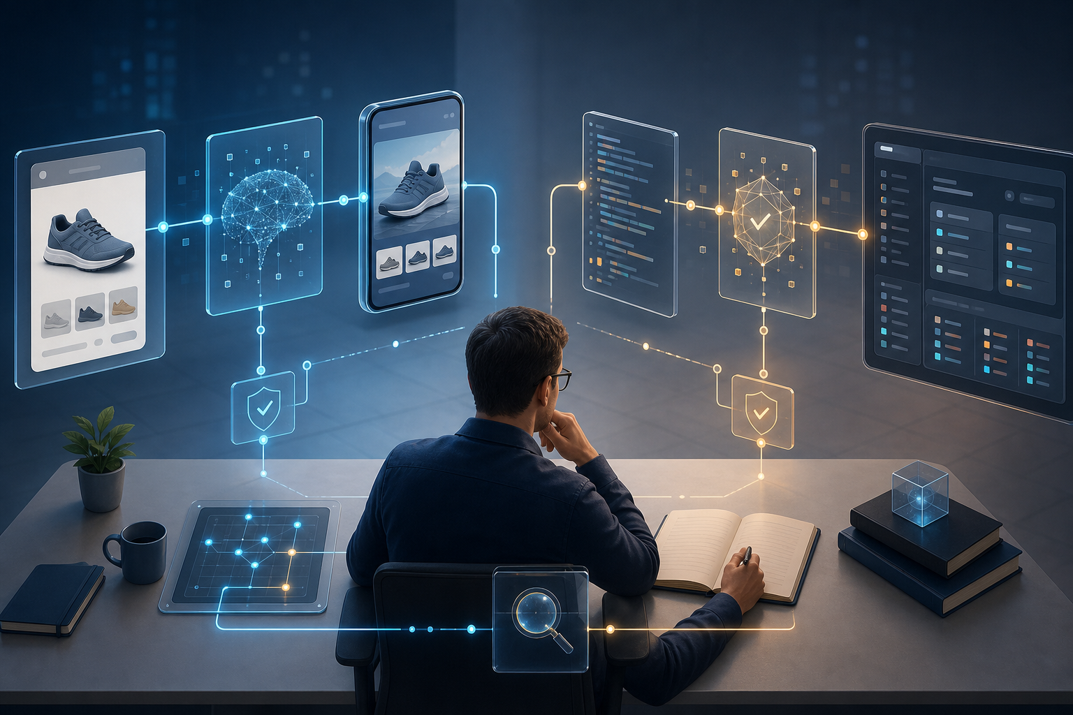 An analyst reviews two connected audit workflows, one for an AI-modified shopping listing and one for schema-validated advertising software code.
