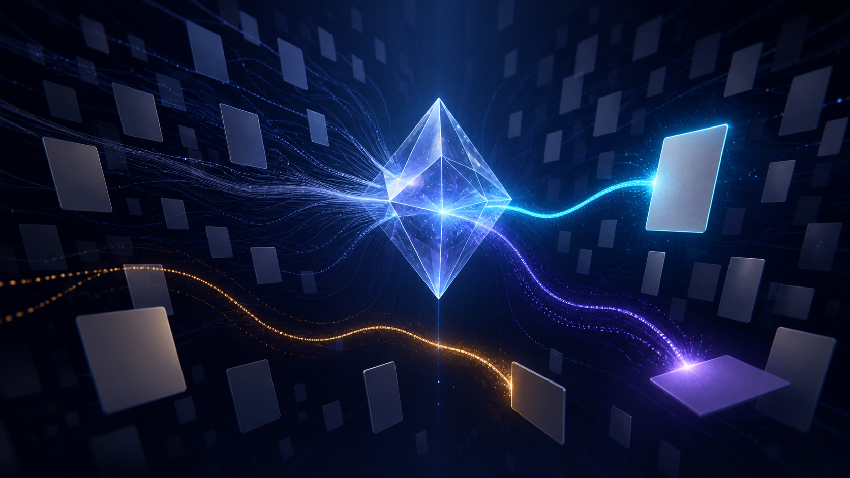 A glowing central prism selects one document from many, with three differently colored paths extending through a dark digital space.