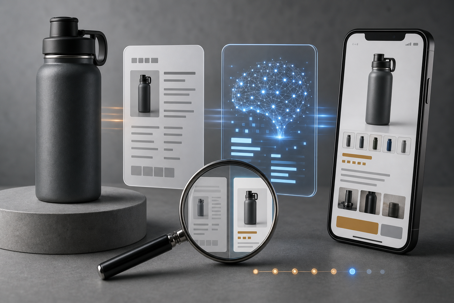 A magnifying glass compares a source product record with an AI-processed shopping listing shown on a smartphone.