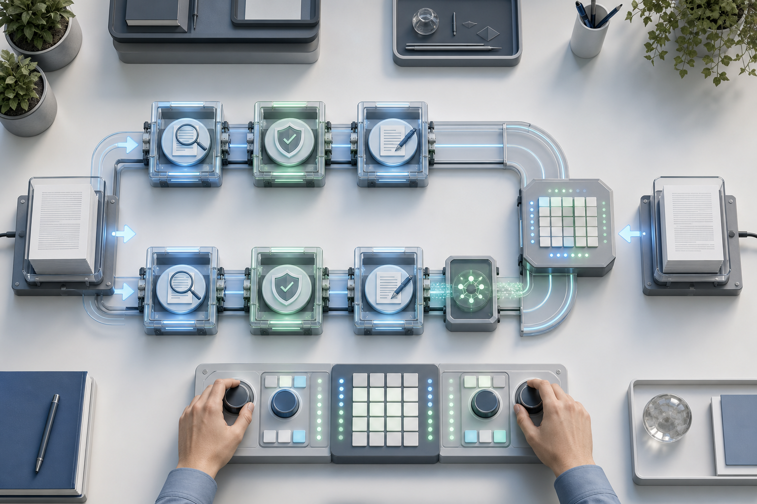 Two matching digital manuscript workflows run in parallel through review modules, with one lane passing through an additional glowing sensor.