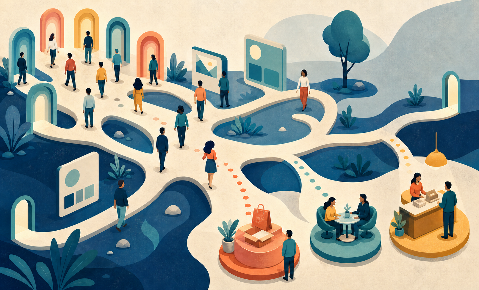 People follow a branching path from multiple website entrances toward product, consultation, and checkout destinations.