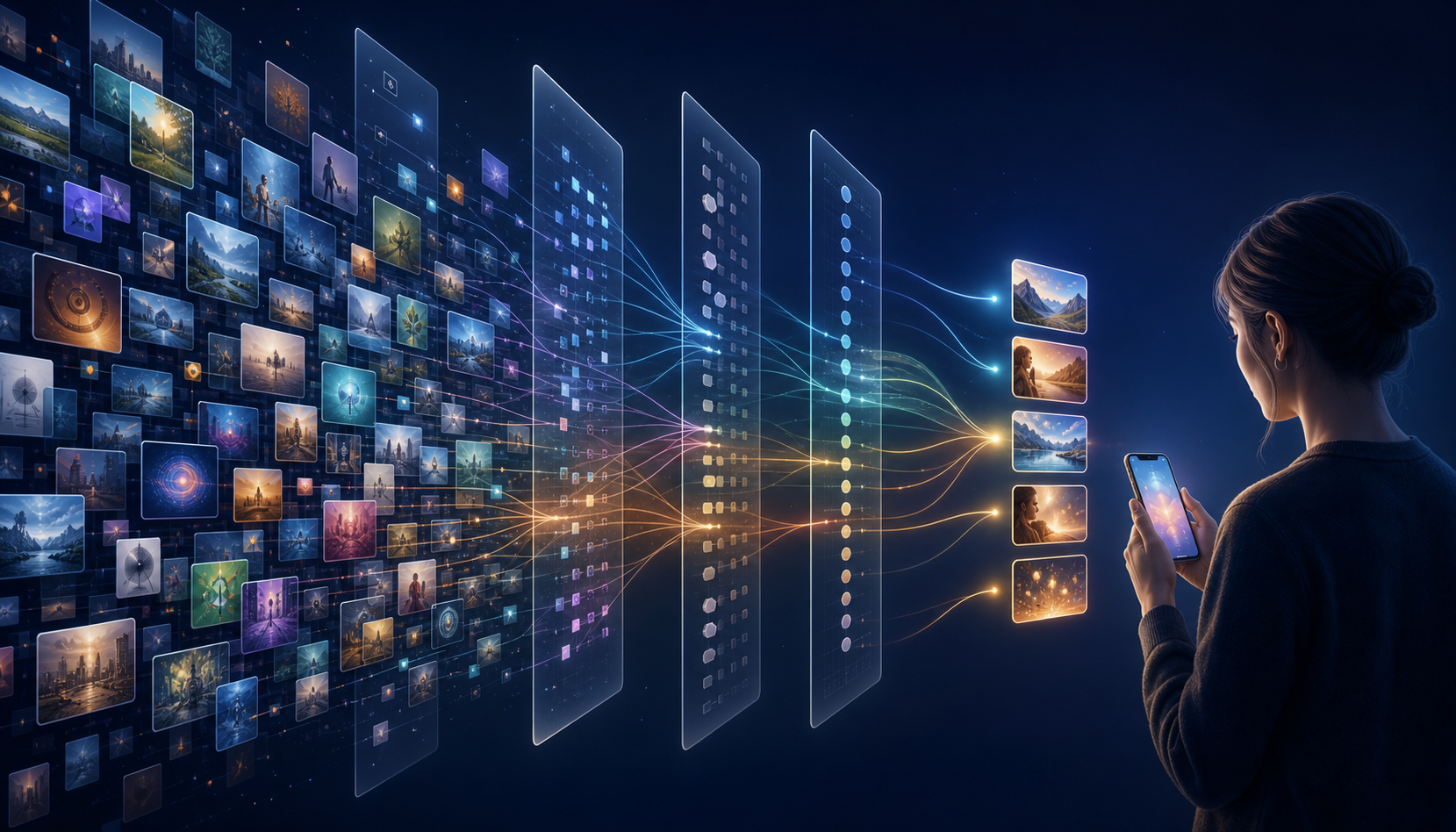 An abstract recommendation pipeline filters many content cards into a personalized stream for a reader holding a smartphone.