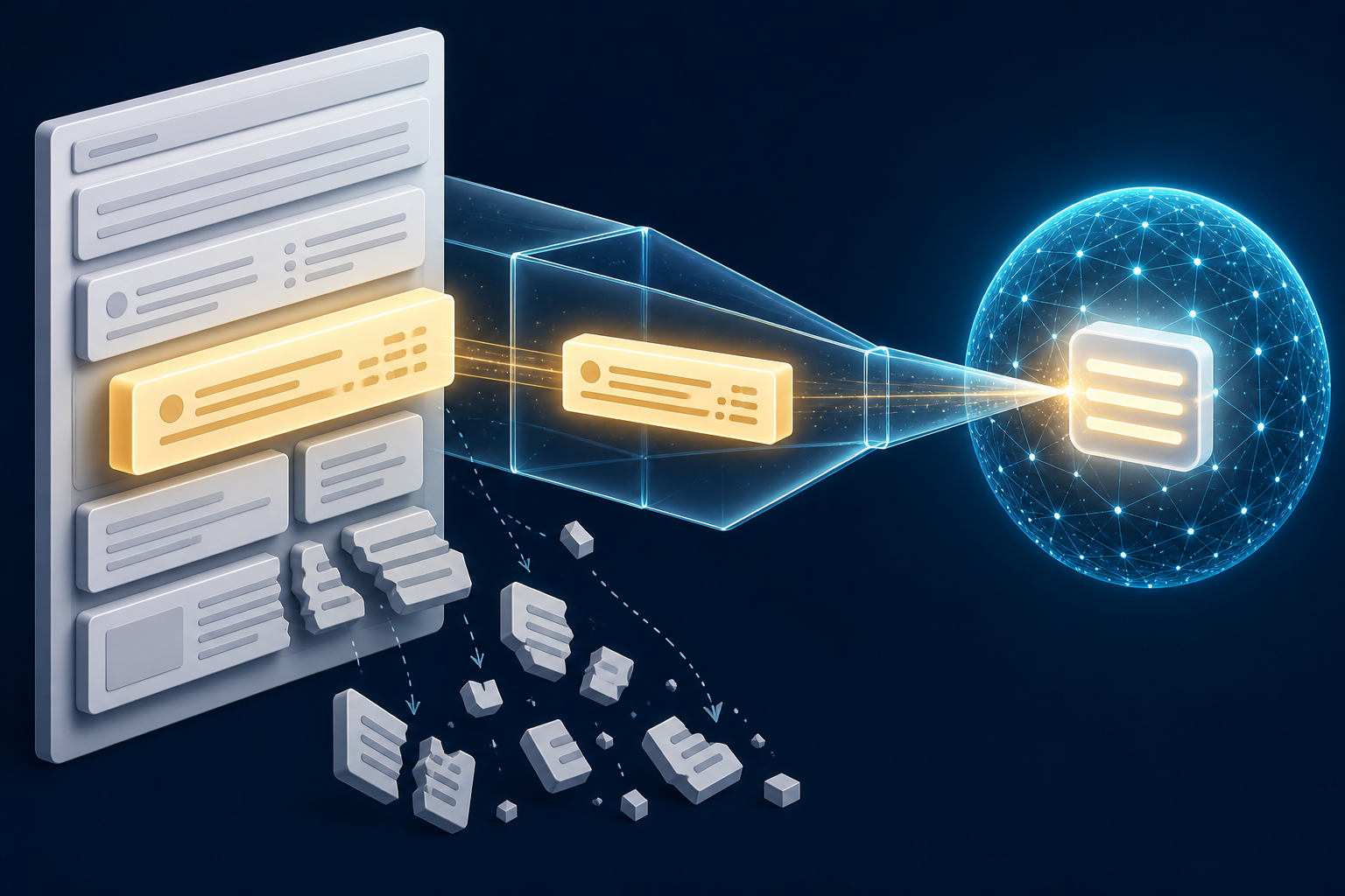 One intact content block moves from an abstract web page through a transparent funnel toward a glowing sphere while fragmented blocks fall away.