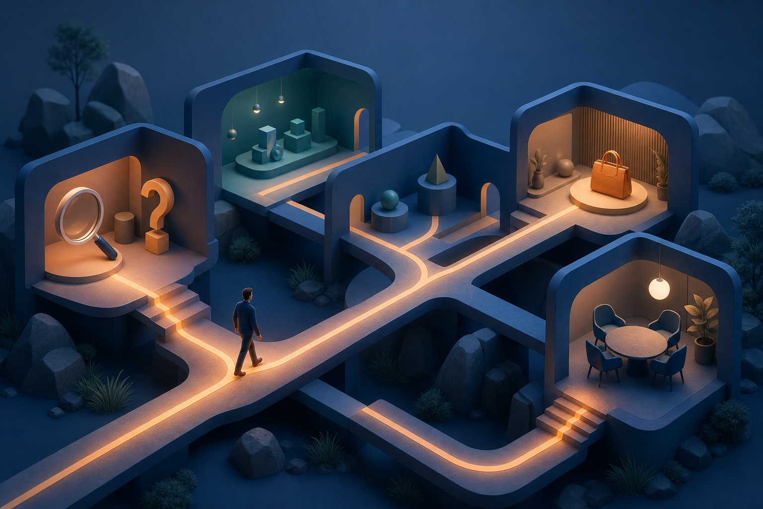 A visitor travels across illuminated bridges connecting discovery, comparison, product, and consultation rooms.