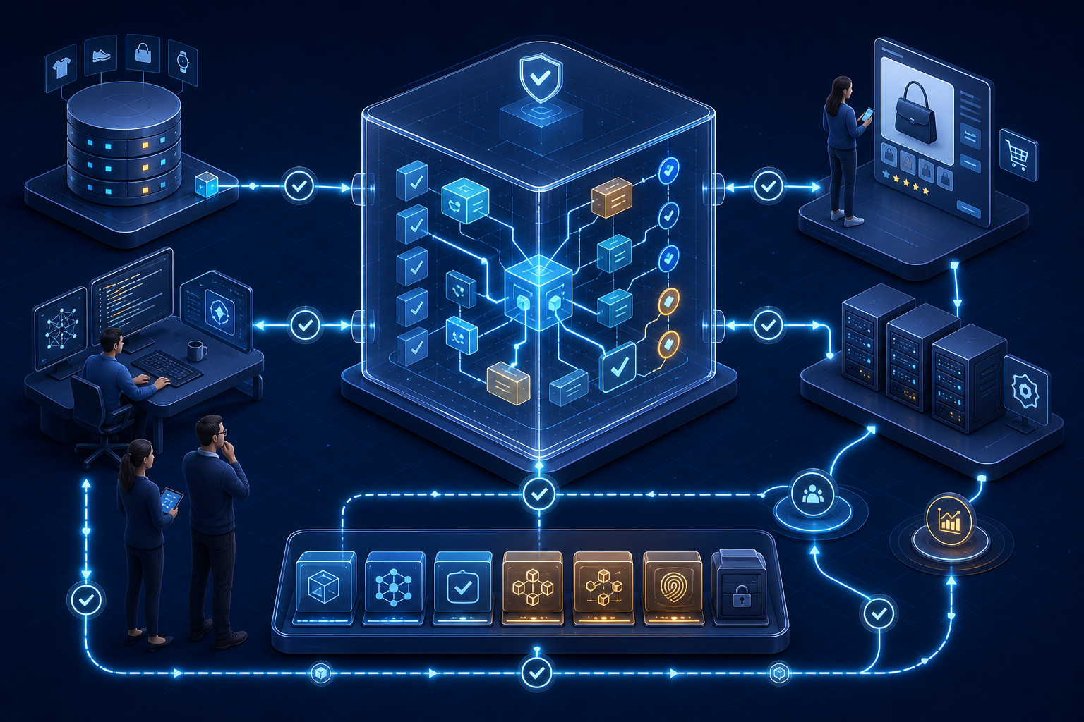 Marketing and engineering specialists inspect a connected evidence trail linking product data, validated code, live advertising outputs, and archived outcomes.