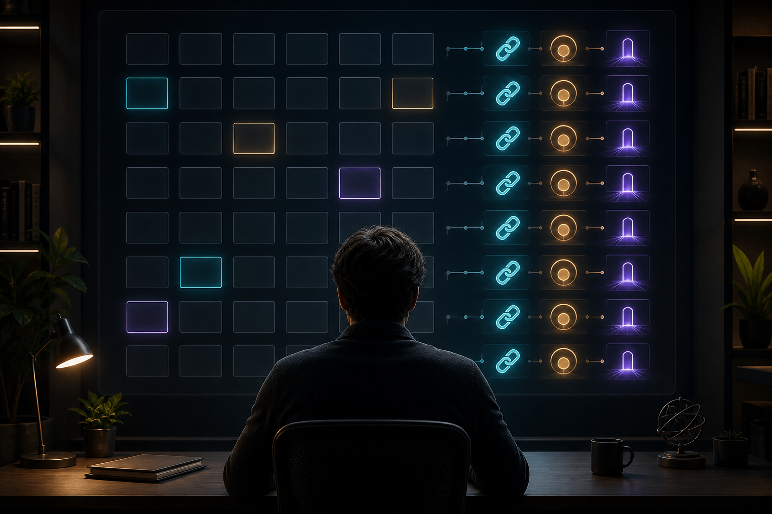 A seated researcher examines a glowing matrix of blank tiles and colored visual markers on a large analysis display.