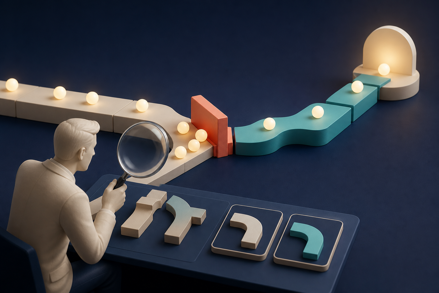 A strategist uses a transparent lens to inspect a bottleneck where glowing spheres pause along a pathway.