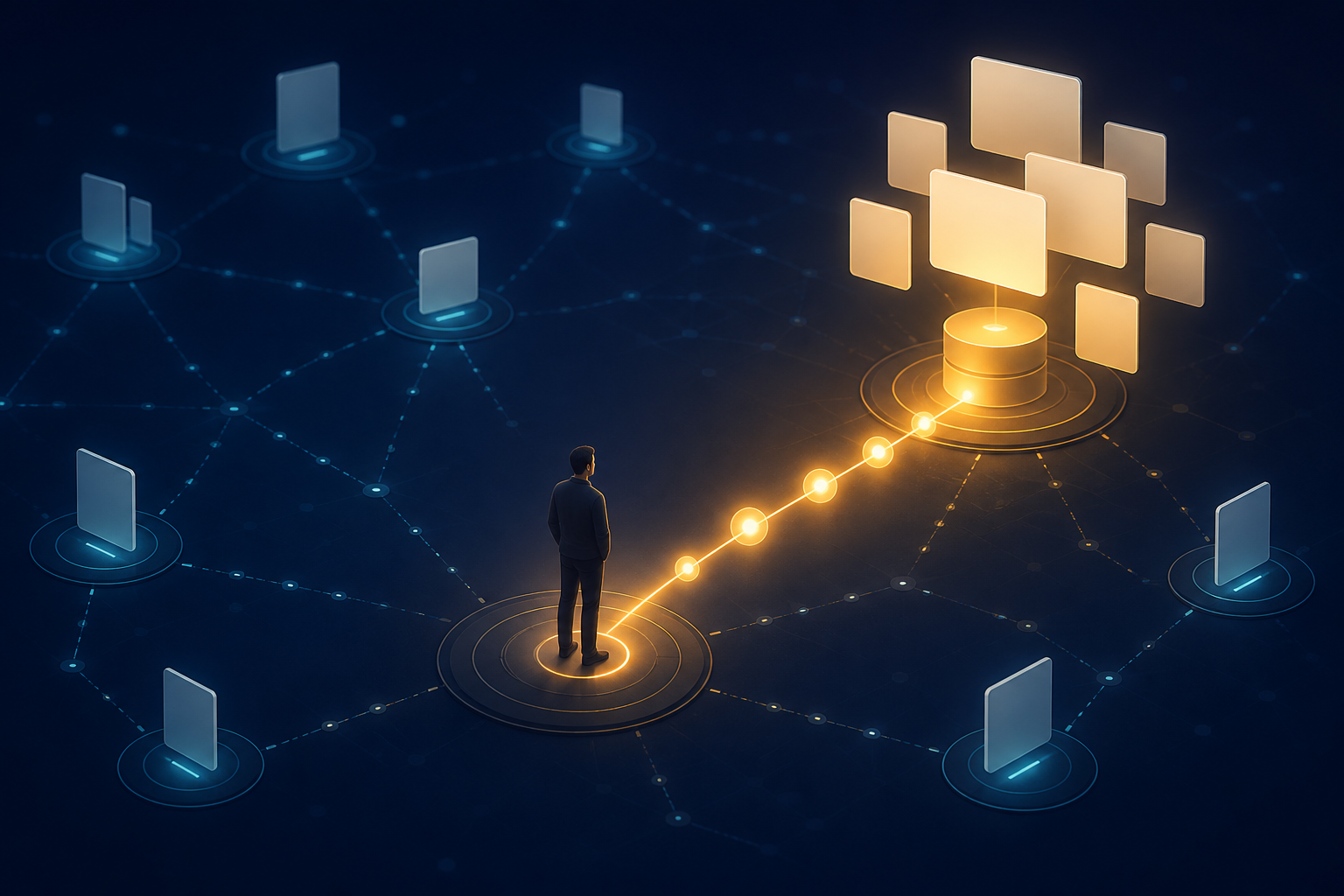 A reader has a strong glowing connection to one familiar content source while weaker paths lead to other topic cards.