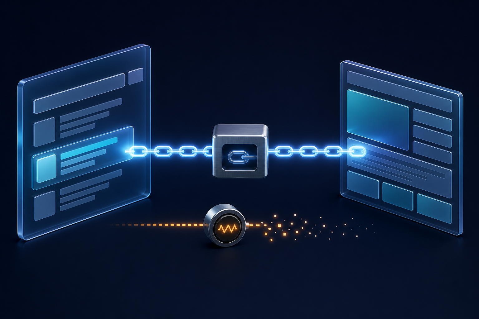 An abstract search result connects through an intermediary gateway to a webpage while a separate tracking sensor loses the signal.