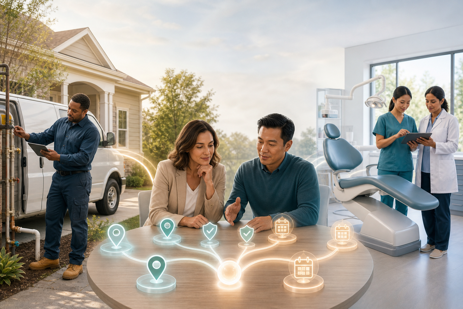 An agency strategist and business owner review a visual decision pathway between a plumbing service scene and a dental treatment room.
