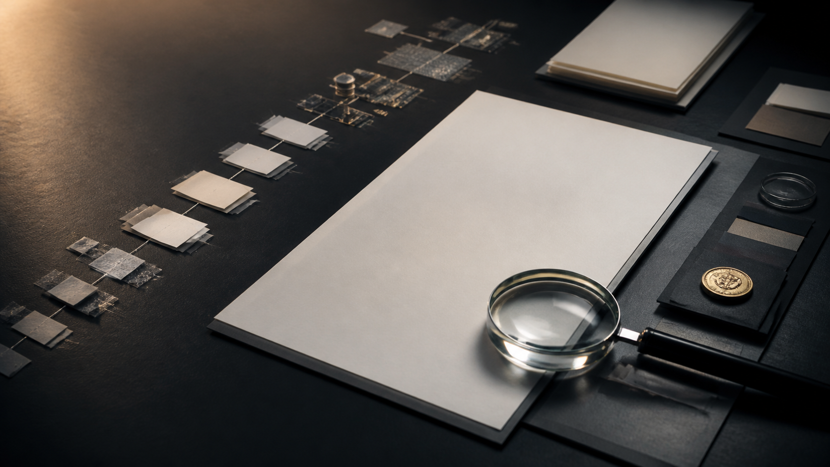 A manuscript under a glass lens on a review desk, with source documents nearby and abstract production artifacts receding into the background.