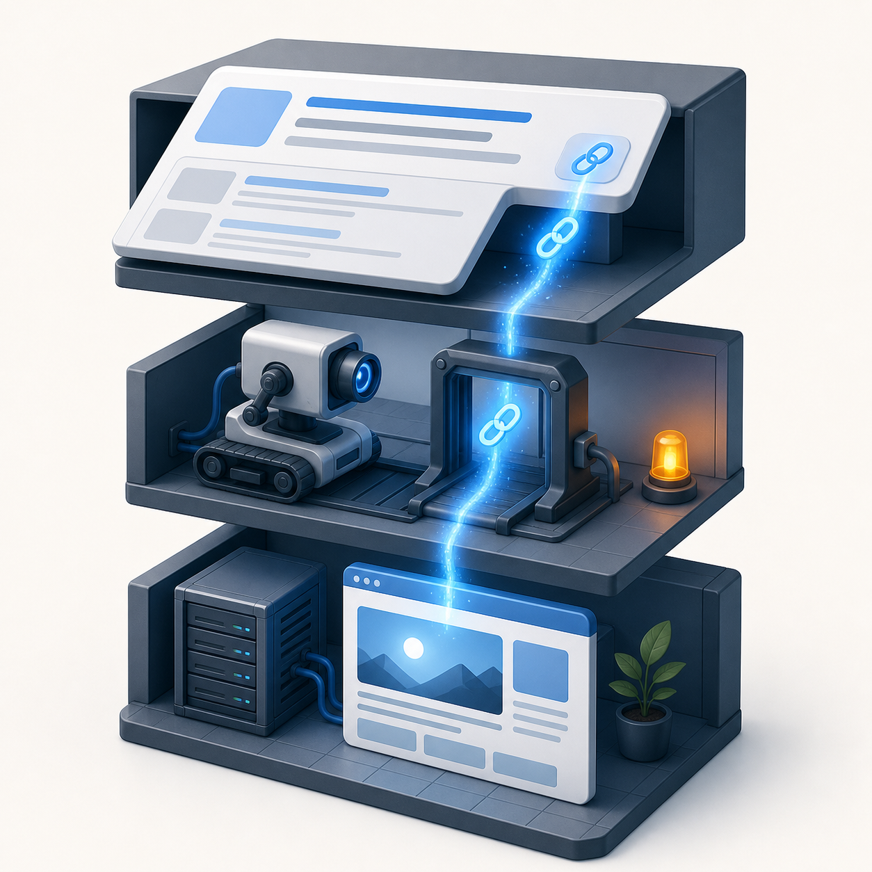 A layered search stack shows a result link, a collection device encountering a redirect gate, and a healthy destination server.
