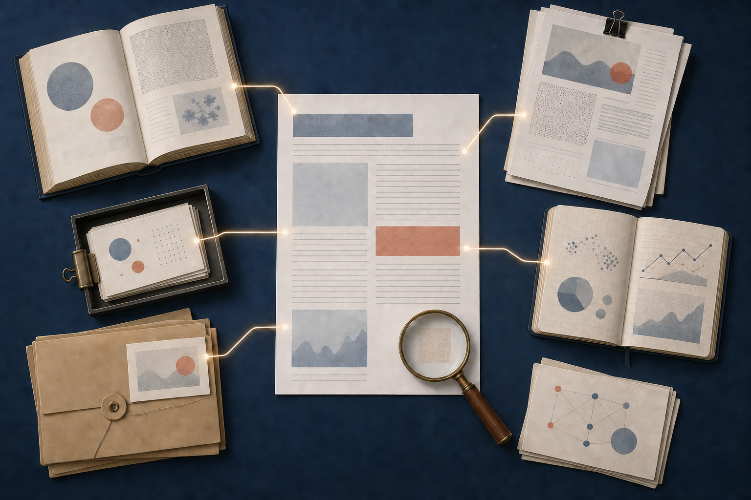 An article page surrounded by reference materials, with visual lines linking parts of the page to supporting sources and one area under a magnifying lens.