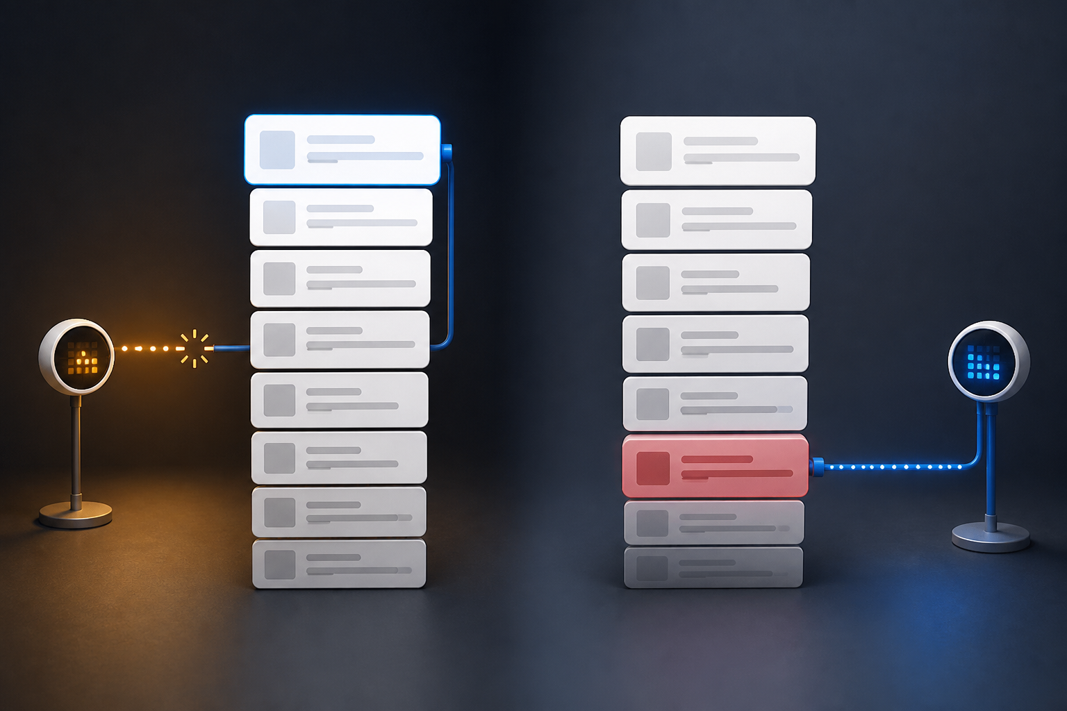 A split illustration shows a broken monitoring signal beside an unchanged search position and a working monitor beside a falling result.