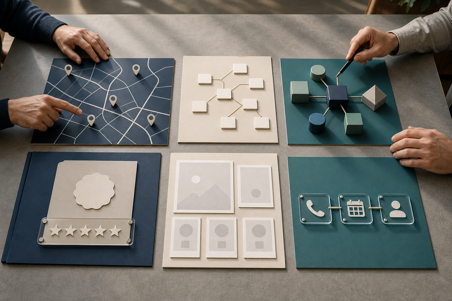 Six unlabeled planning artifacts with maps, pathways, entity blocks, credibility symbols, content placeholders, and booking icons are arranged on a strategy table.