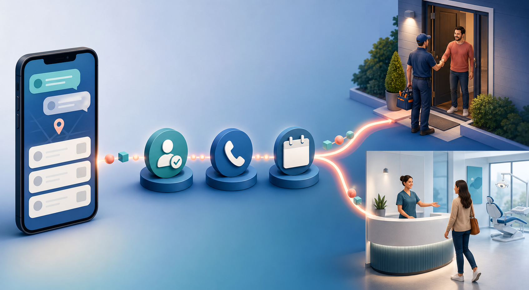 An icon-based path leads from an AI-style phone interface through a call and calendar to a home service visit and a dental appointment.