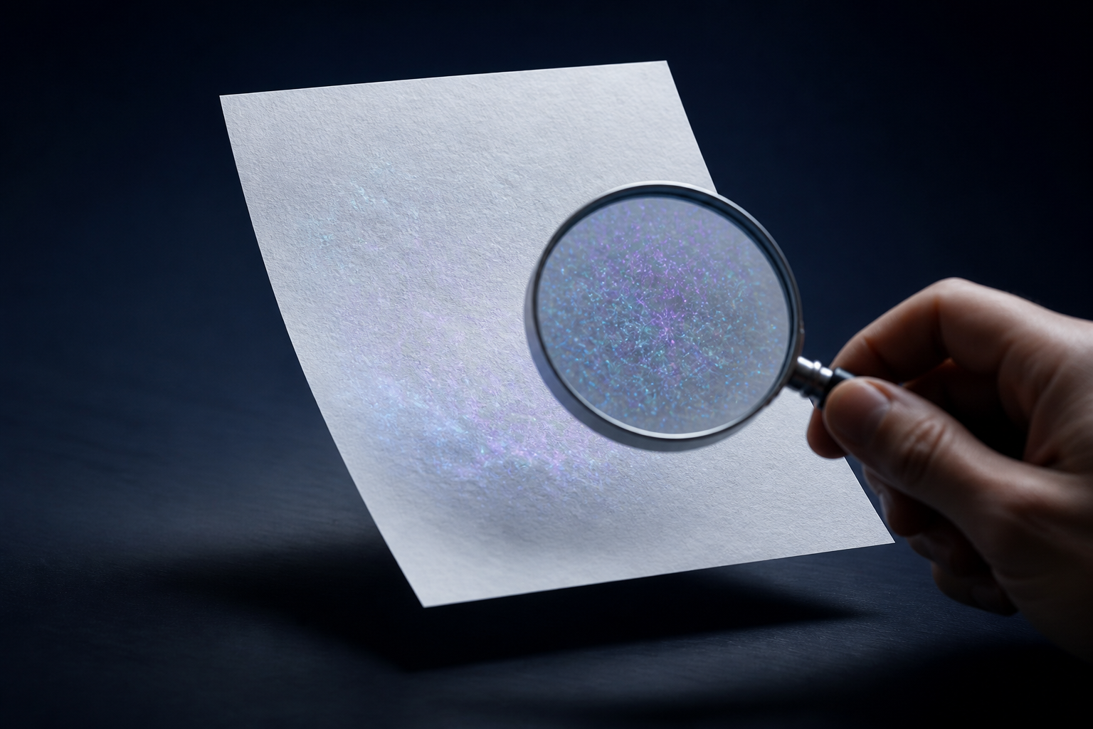 A blank sheet of paper contains a faint pattern of blue and violet particles examined through a magnifying lens held by an editor's hand.