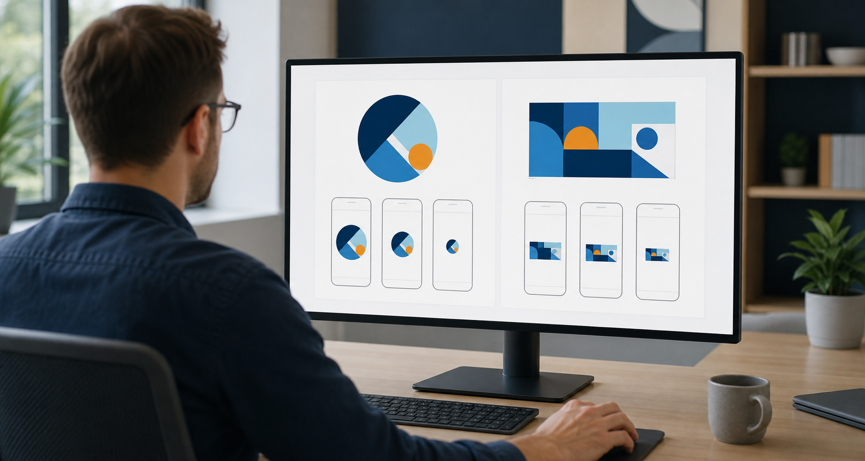 A specialist compares a circular identity mark and a rectangular brand image in small mobile interface previews.