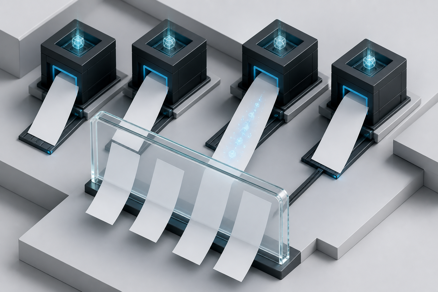 Blank document sheets from different abstract processing cores pass through one shared glass portal, with a glowing particle trail visible in only one sheet.