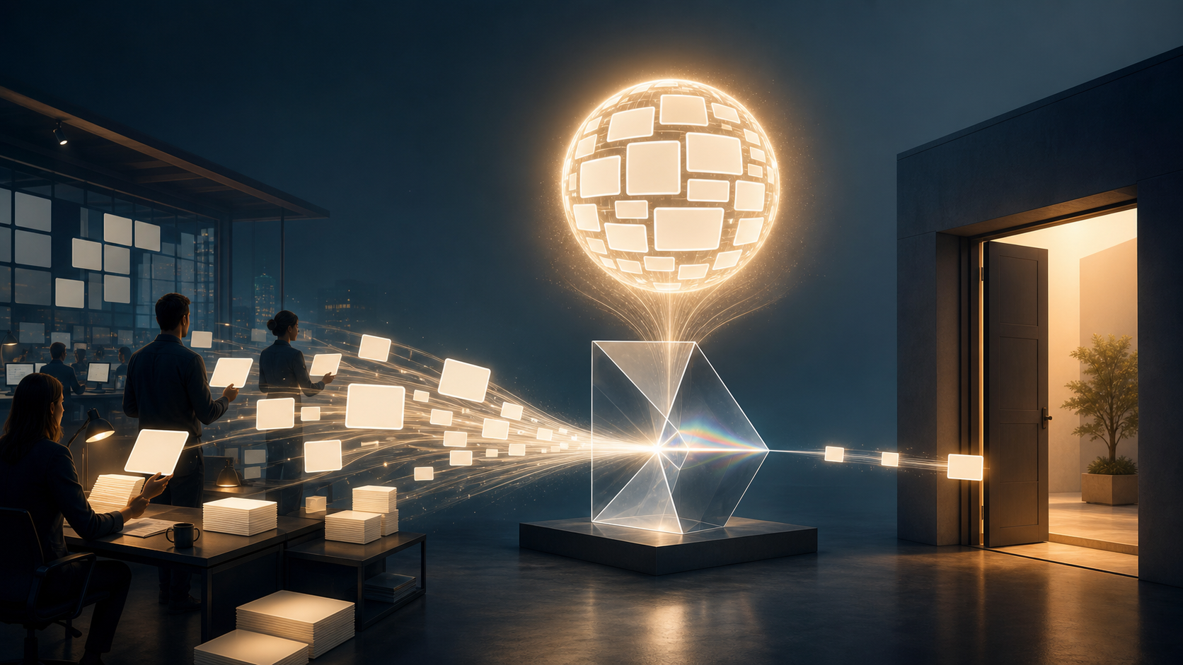 Editors in a digital newsroom watch article cards flow through a translucent search prism, forming a large answer sphere while a smaller stream continues toward a publisher site.