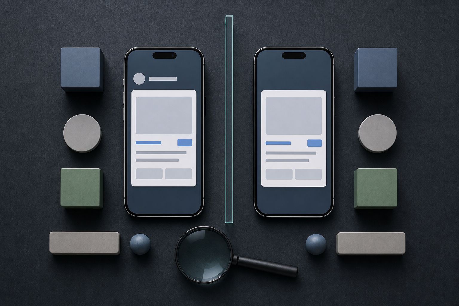 Two identical smartphones display generic ad layouts with and without an identity layer, separated for controlled comparison.