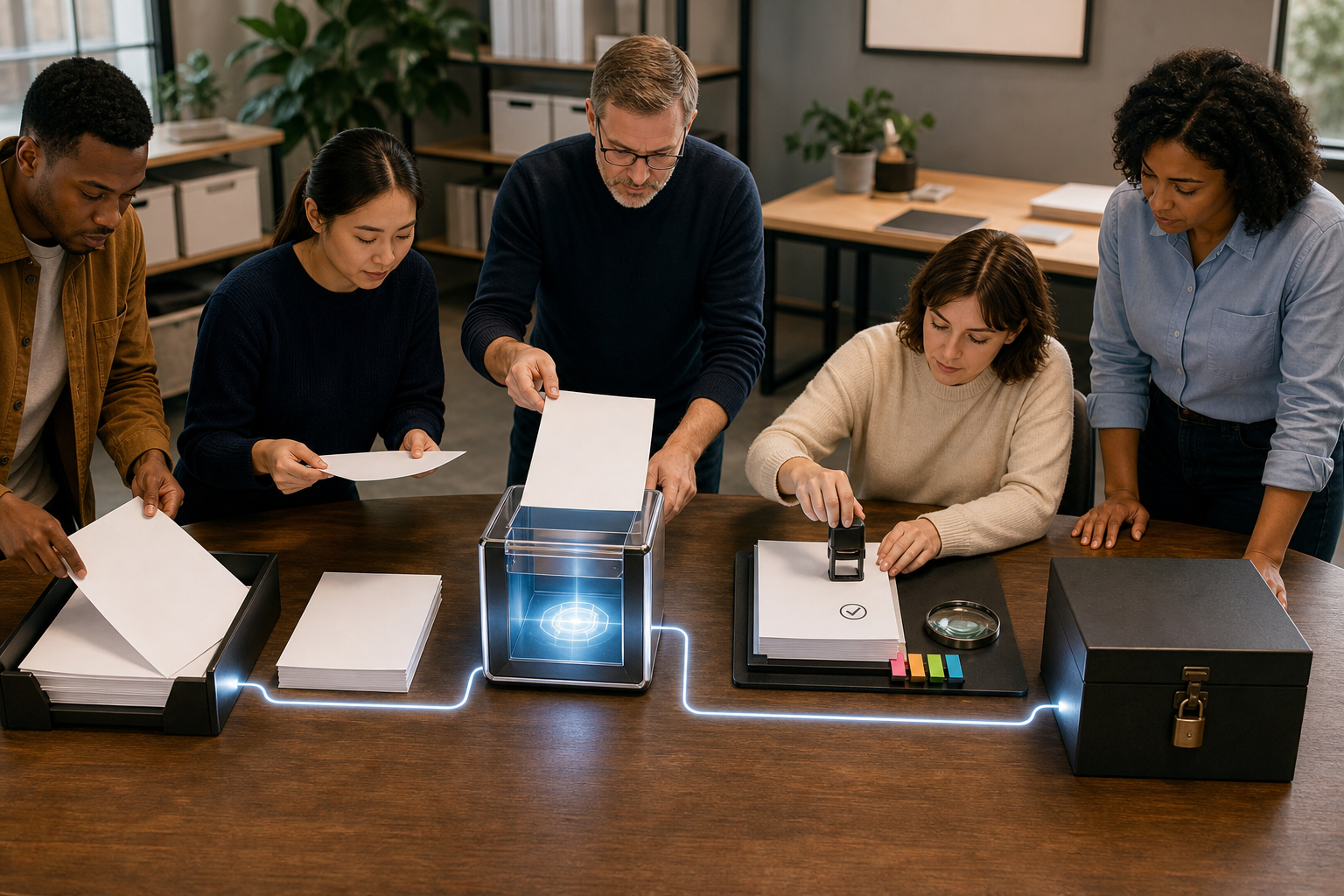 A content team organizes blank manuscript pages across an AI processing device, a human review station, and a locked archive connected by illuminated paths.
