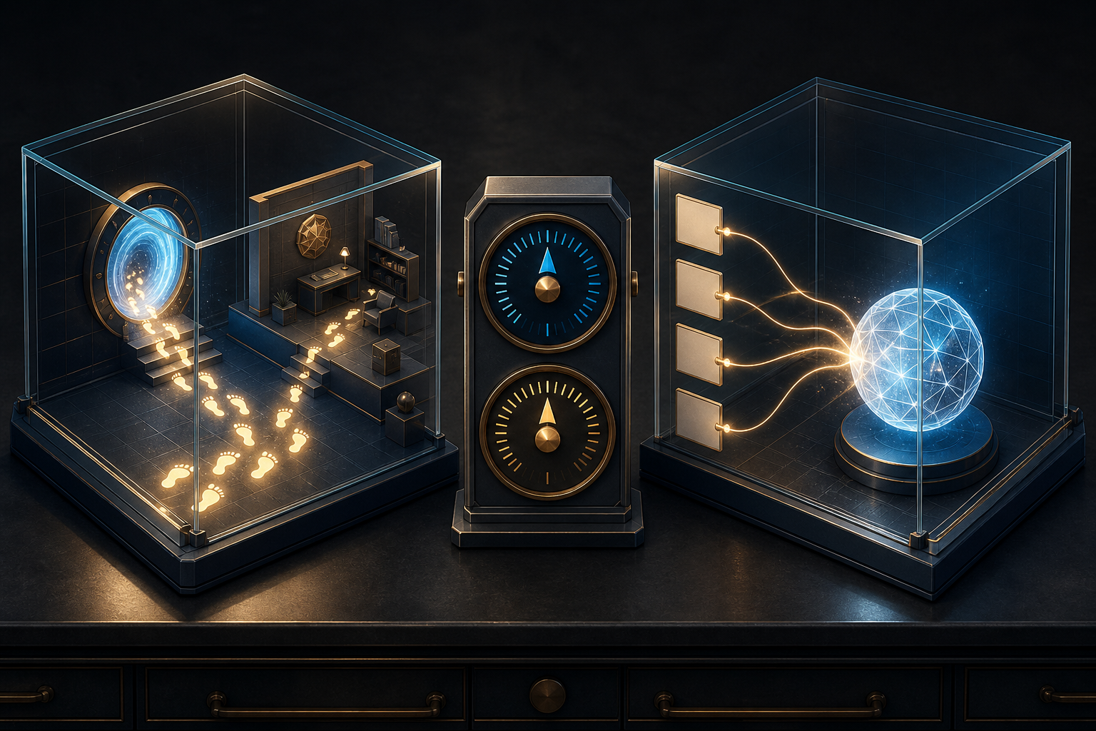 Two glass chambers separately show glowing footprints entering a publisher portal and source cards feeding light into an answer orb.