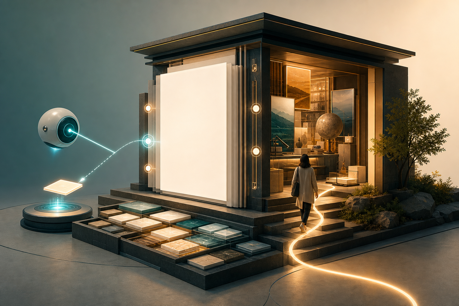 A layered article pavilion offers a glowing fragment to a hovering search orb while a visitor enters an open passage containing richer research and visual material.