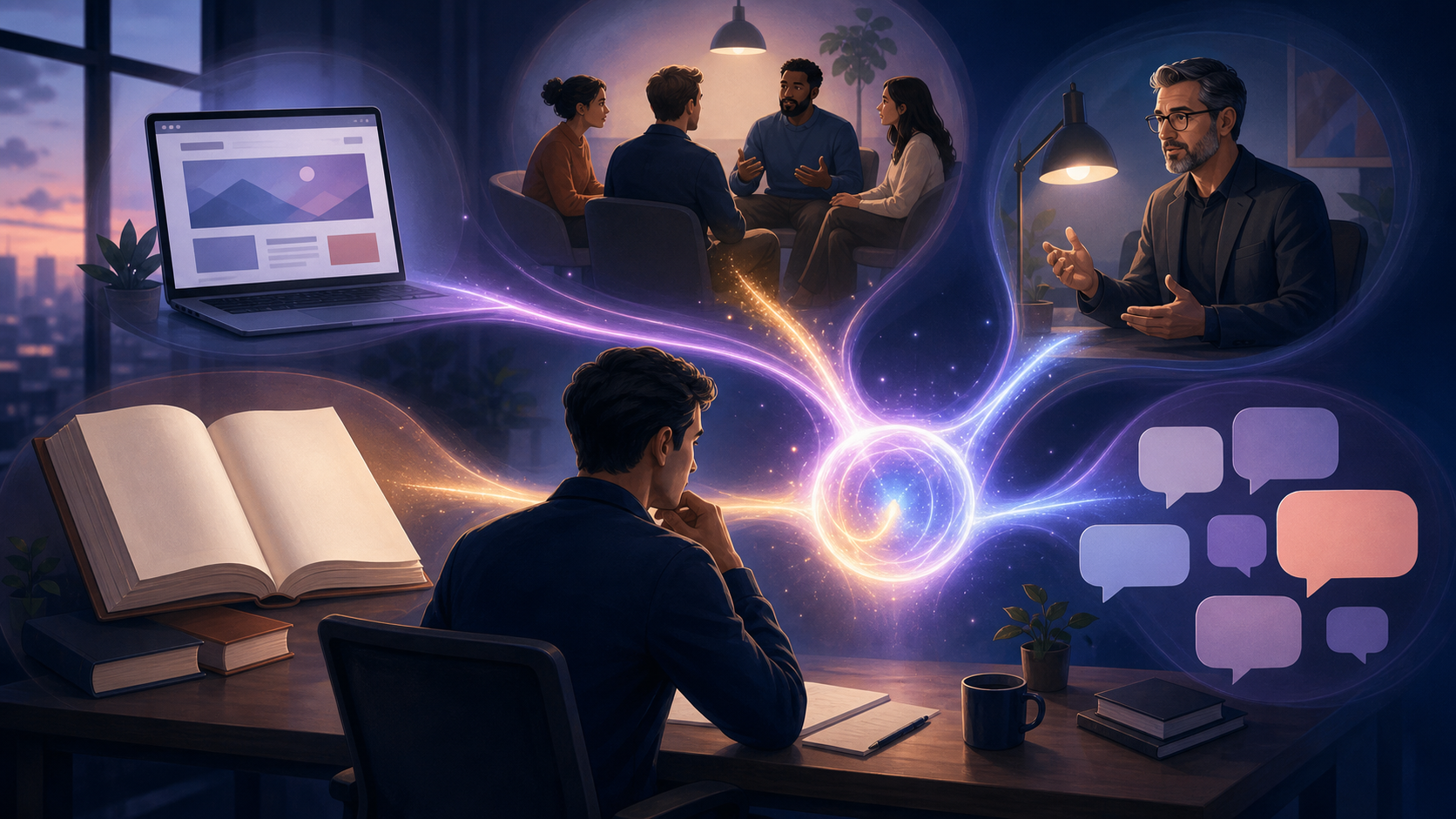 A software buyer consults an abstract AI interface while information flows toward it from a website, reference book, community discussion, expert and customer feedback.