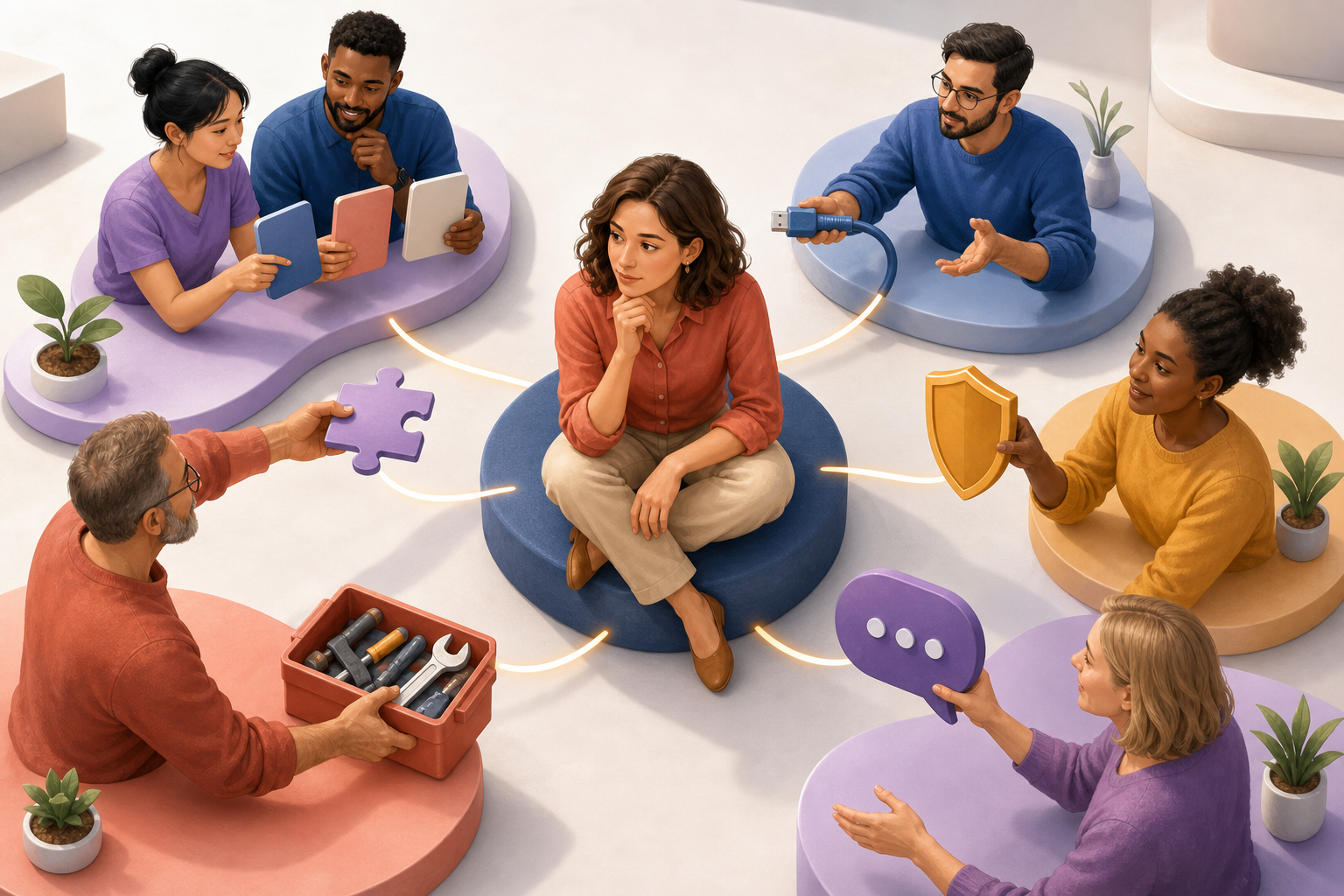A strategist and community members arrange visual evidence around a software buyer's needs, including compatibility, security, implementation and peer reassurance.