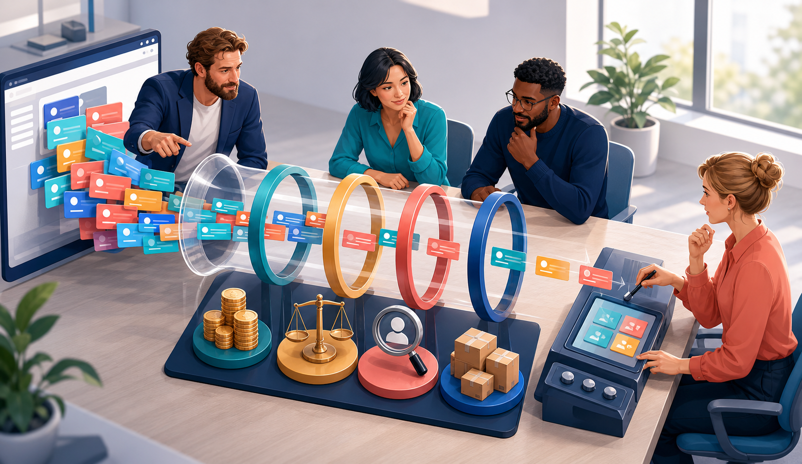 Four business stakeholders review generic advertising recommendation cards through filters represented by budget, profit, customer intent, and fulfillment symbols.