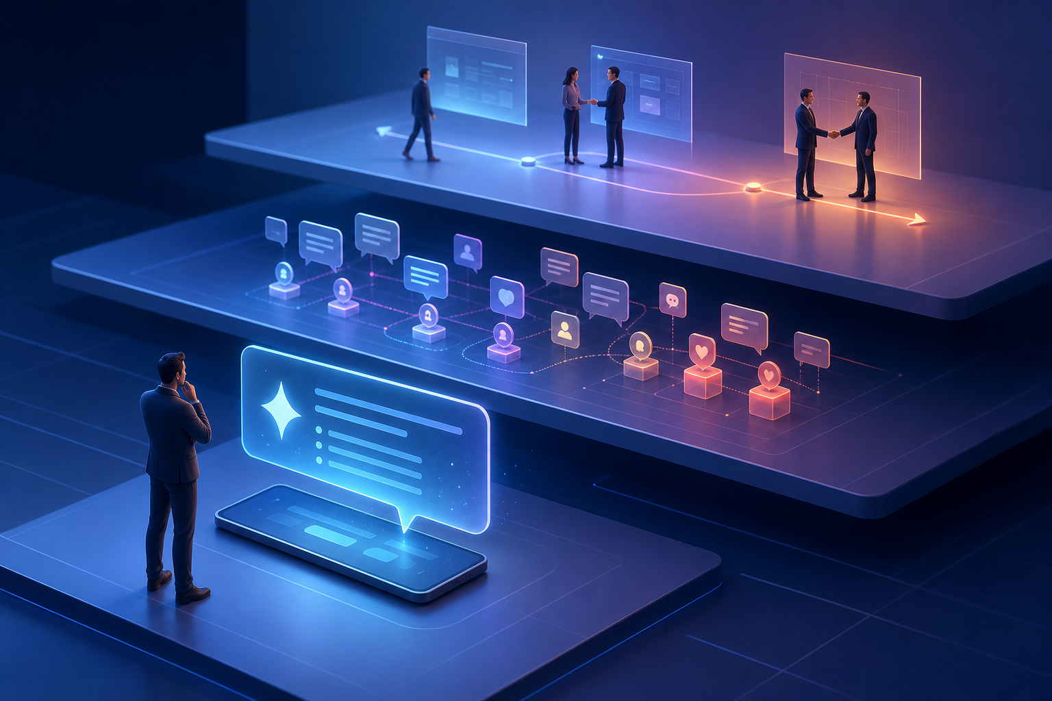 An analyst observes separate layers representing an AI answer, supporting community sources and a buyer progressing toward a software decision.