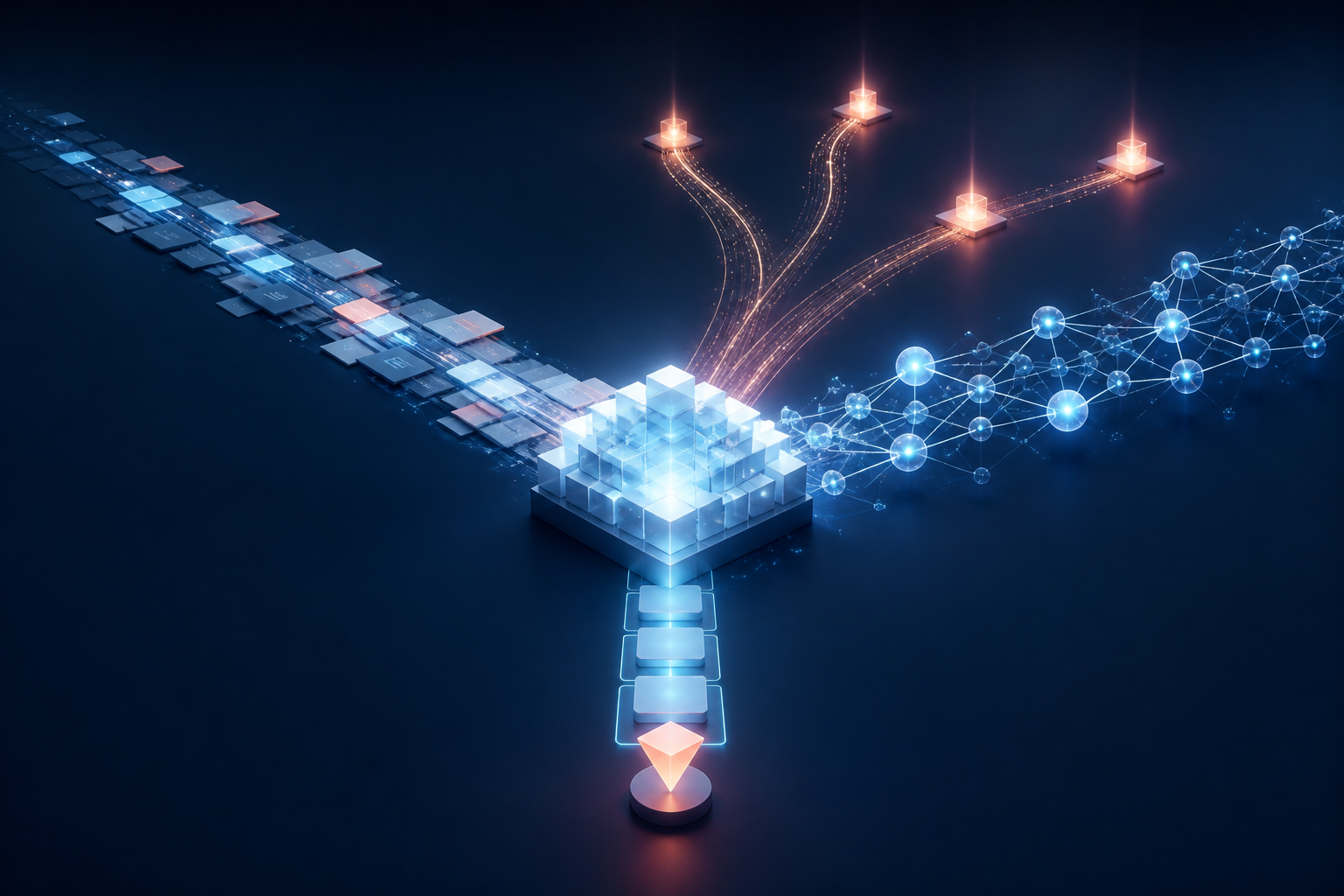A luminous knowledge hub connects web pages, AI nodes, and independent source beacons along a single recommendation path.