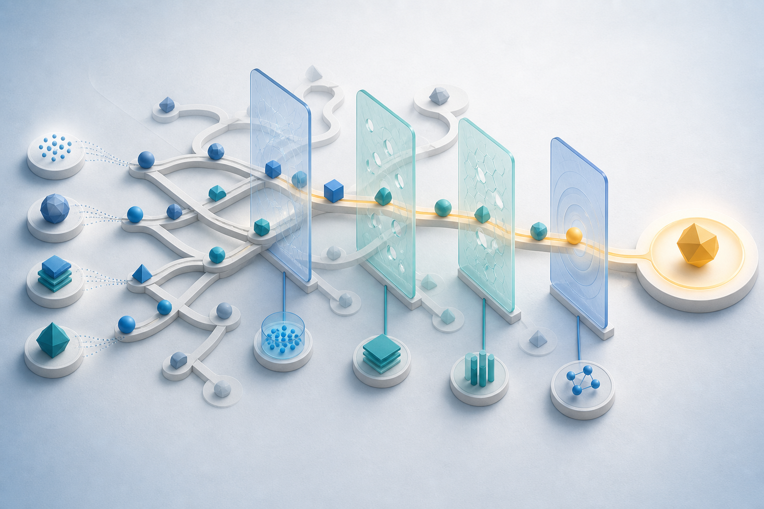 An isometric network guides several candidate solutions through evidence and validation gates toward one highlighted recommendation.