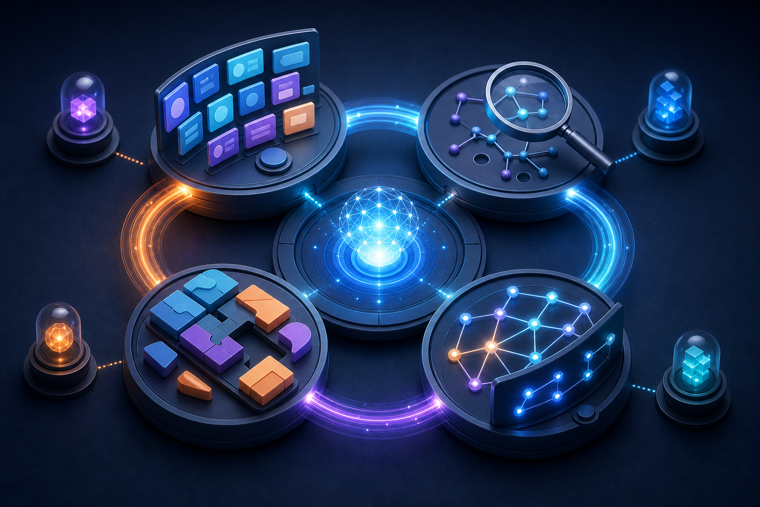 Four connected workstations form a circular process around a glowing knowledge core, with outside source beacons supporting the loop.