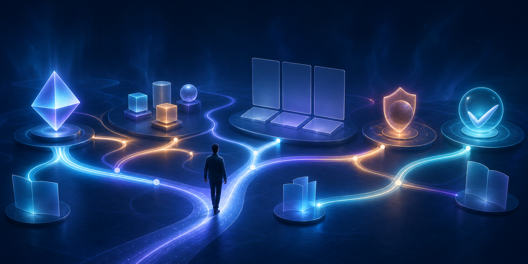 A person follows a glowing path through several branching digital decision spaces, including a shortlist, comparison, checkpoint, and final selection.