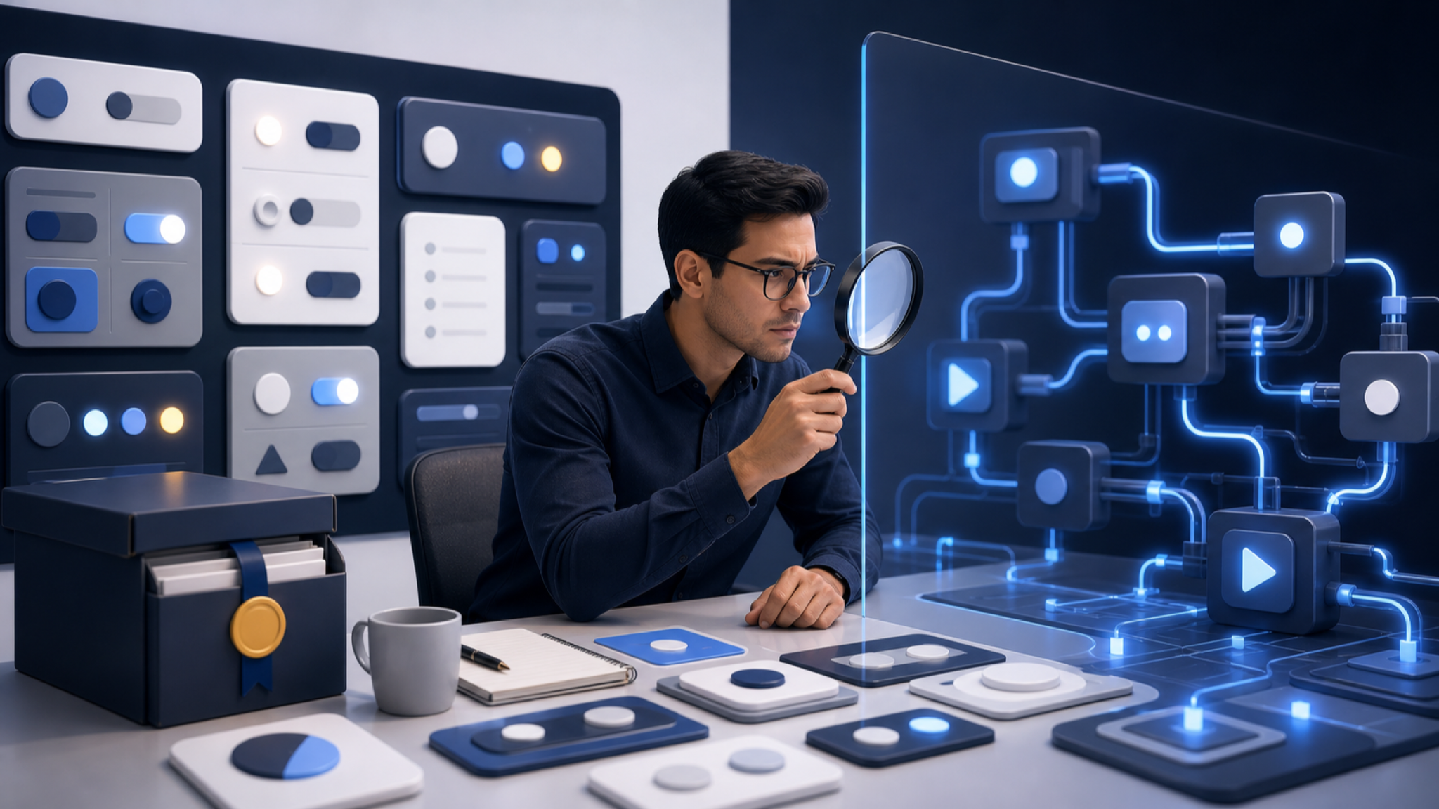 An analyst examines an abstract advertising control interface while a preserved account snapshot is separated from a glowing automation system.