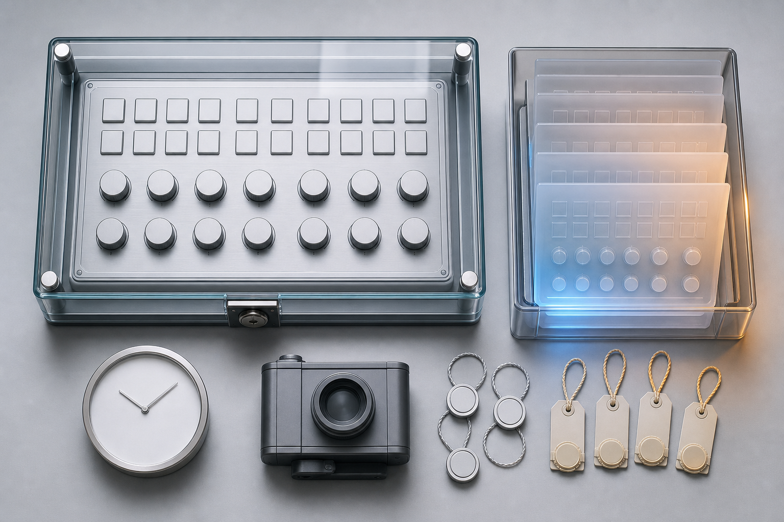 A blank control console is protected under glass beside archived configuration layers, a clock, and a documentation device.