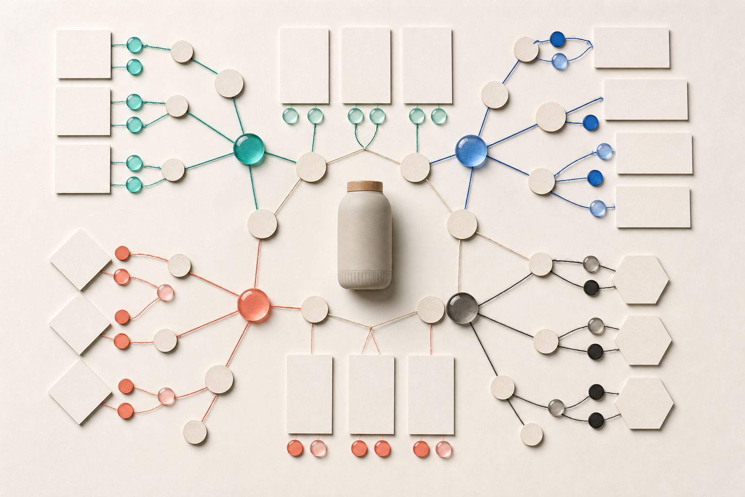 Blank cards, decision nodes, and small attribute tokens form a branching network around a central object on a light surface.