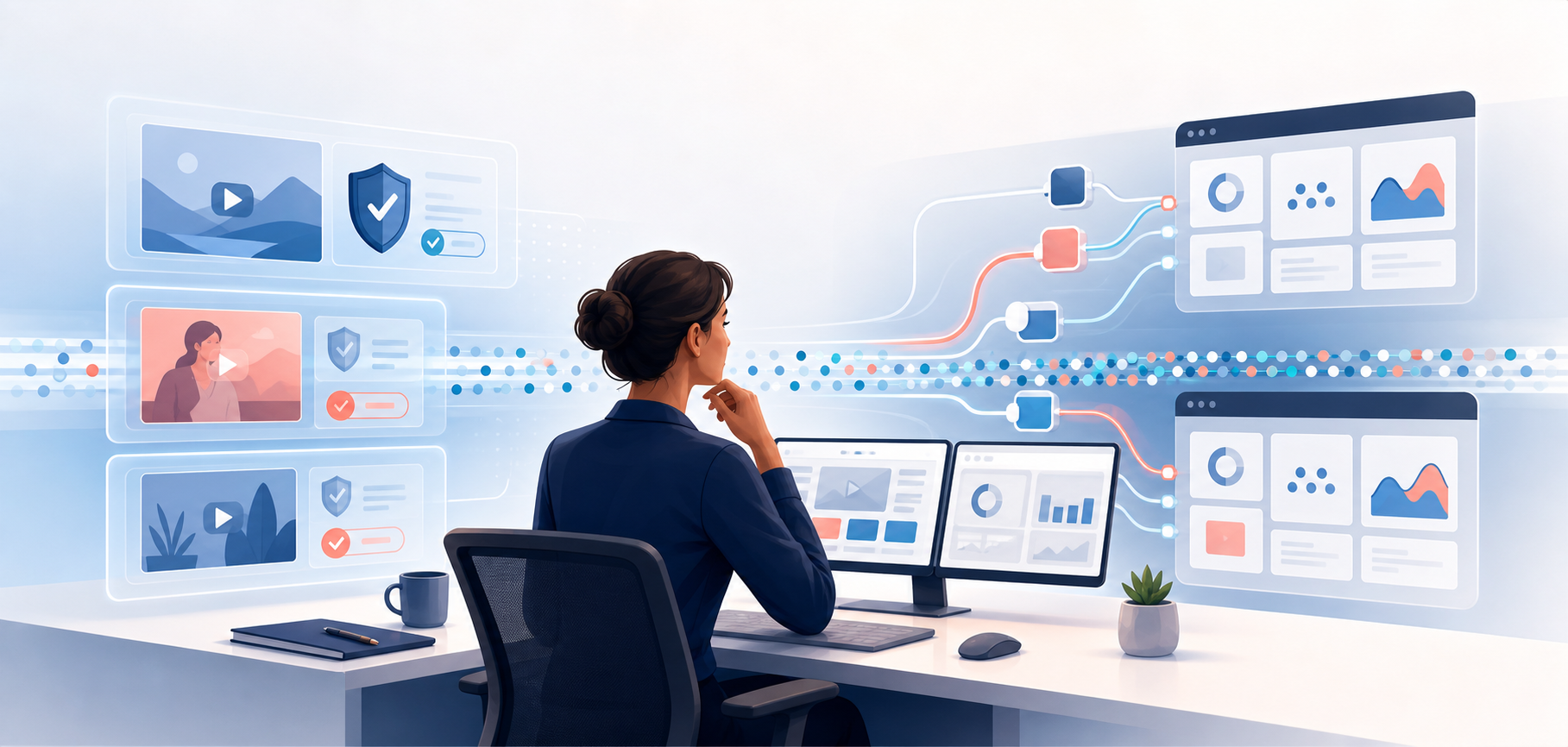 A campaign manager compares policy status cards with reorganized advertising measurement panels while the underlying audience flow remains steady.