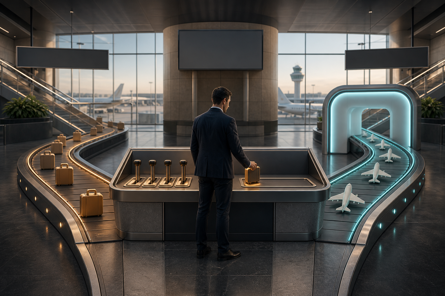 An analyst evaluates two travel campaign pathways at a controlled junction in a generic airport operations setting.
