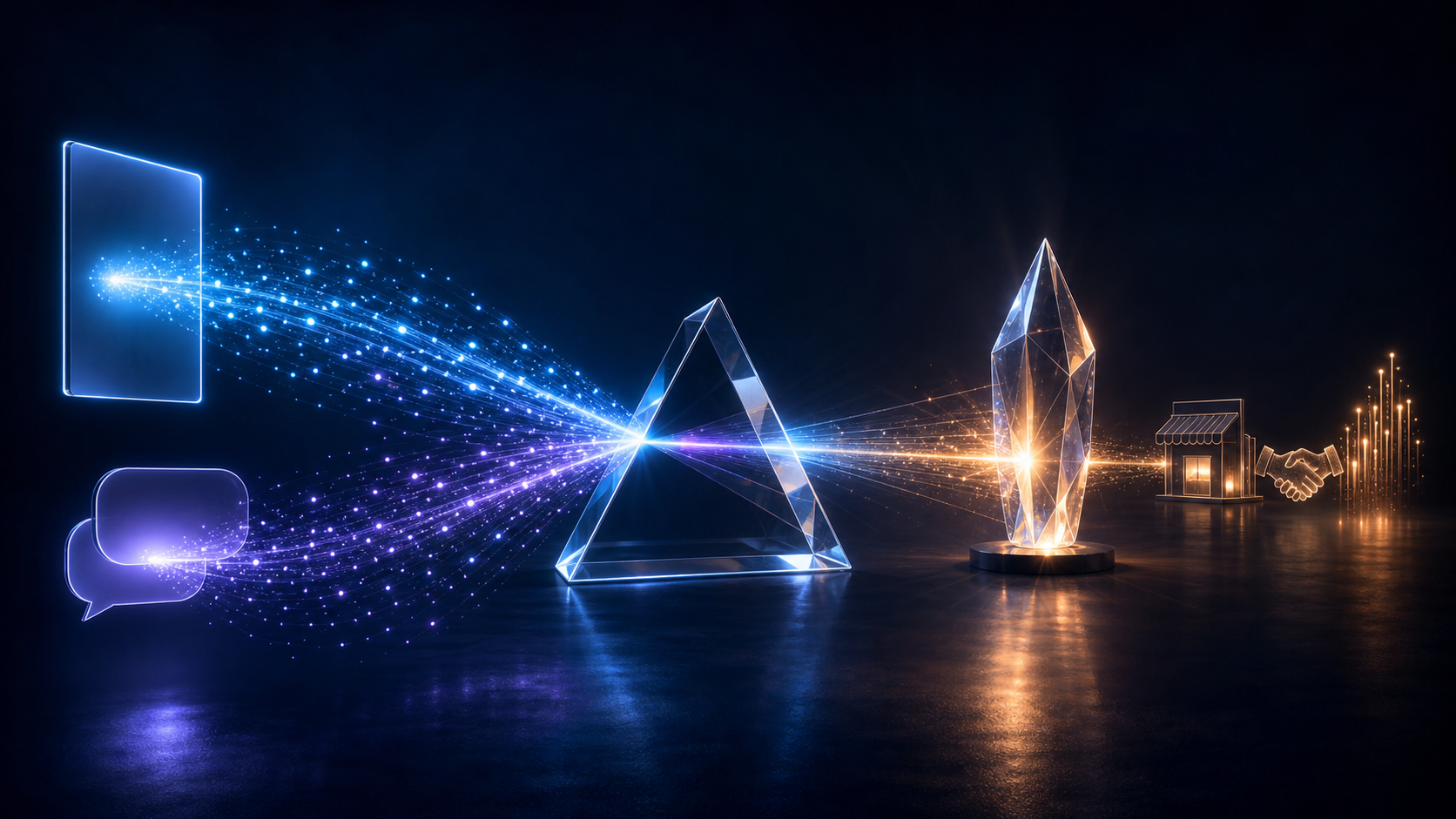 Glowing signals from abstract search and conversational channels pass through a transparent prism to illuminate a brand beacon and business outcome symbols.