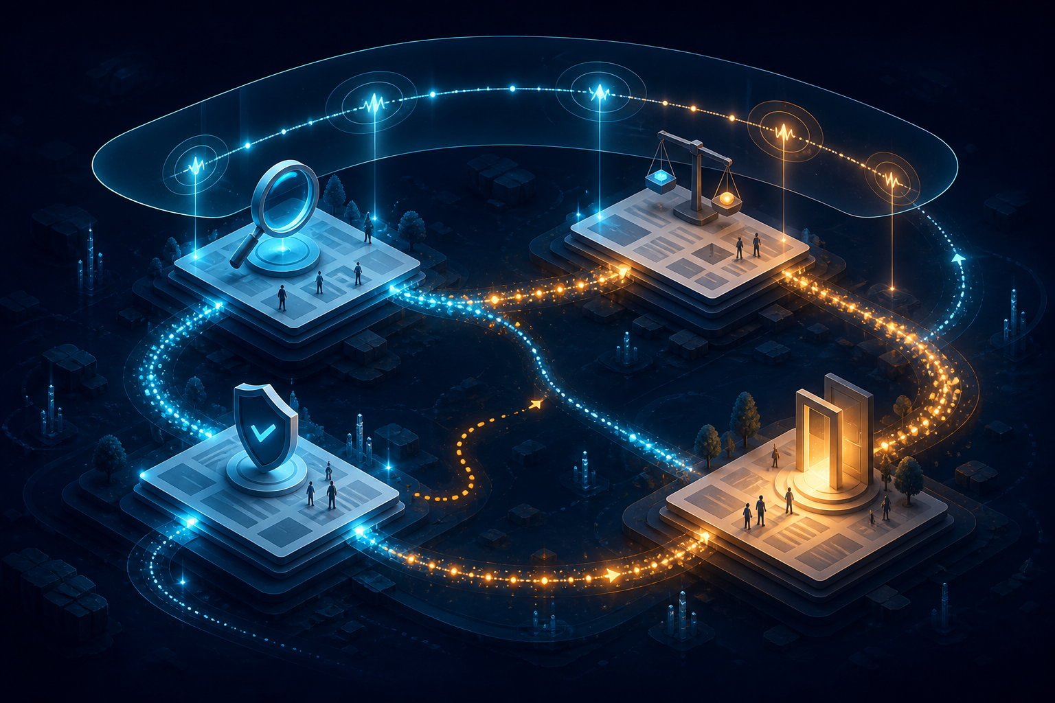 Glowing particles travel between linked page-like platforms in a looping digital landscape while translucent signals illuminate the full journey.