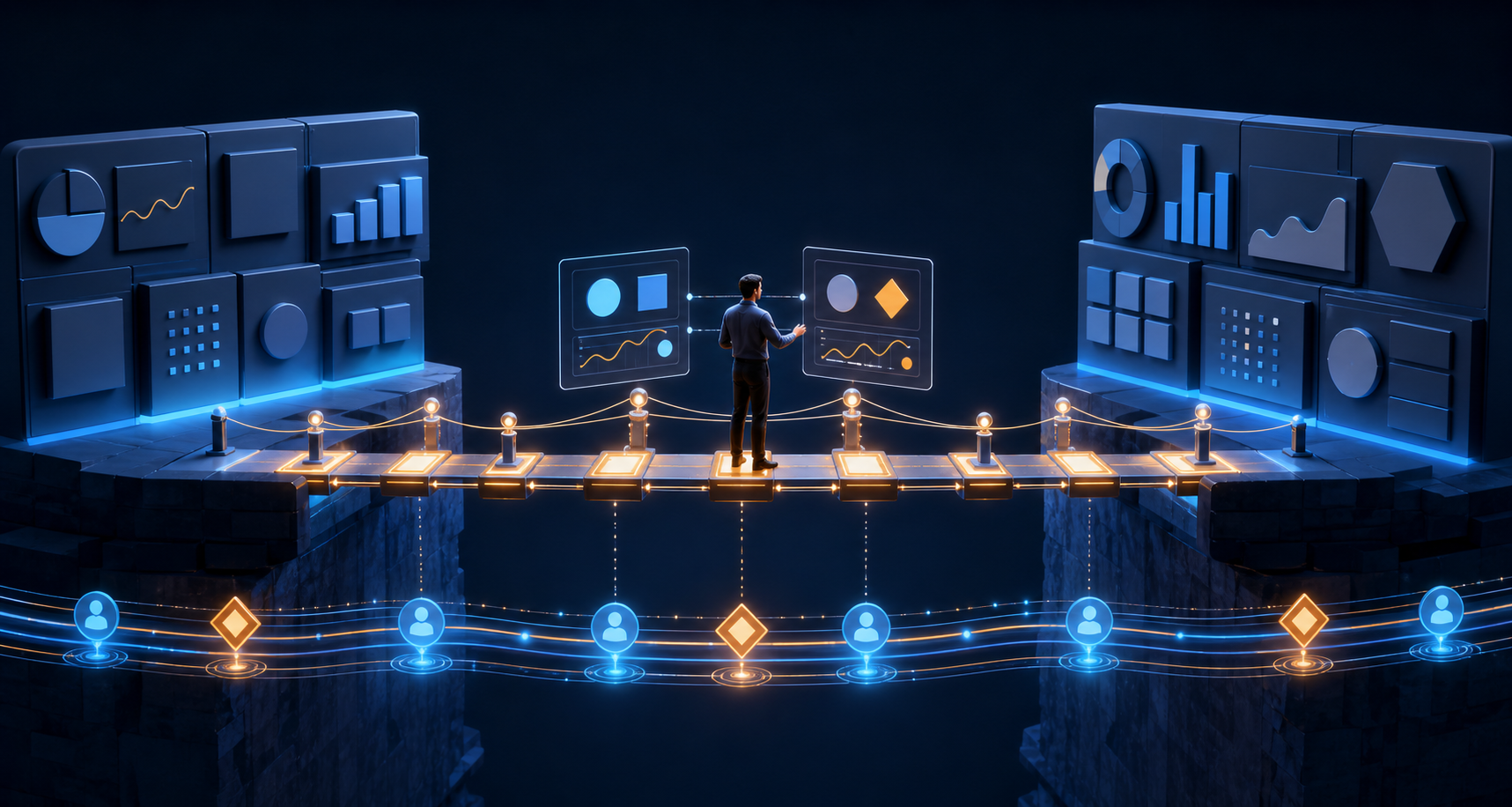 An analyst stands on a bridge of linked data checkpoints connecting two differently organized analytics systems.