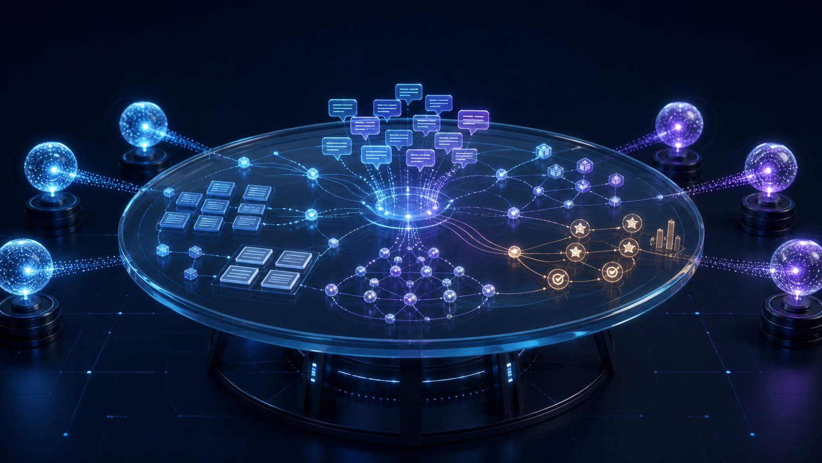 Abstract editorial illustration of AI answer signals, citation markers, page tiles, query nodes, and outcome indicators connected on a glass measurement table.